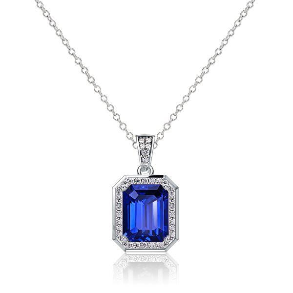 Halo Blue Emerald Pendant Necklace - 925 Sterling Silver, 3.00 CT Gem