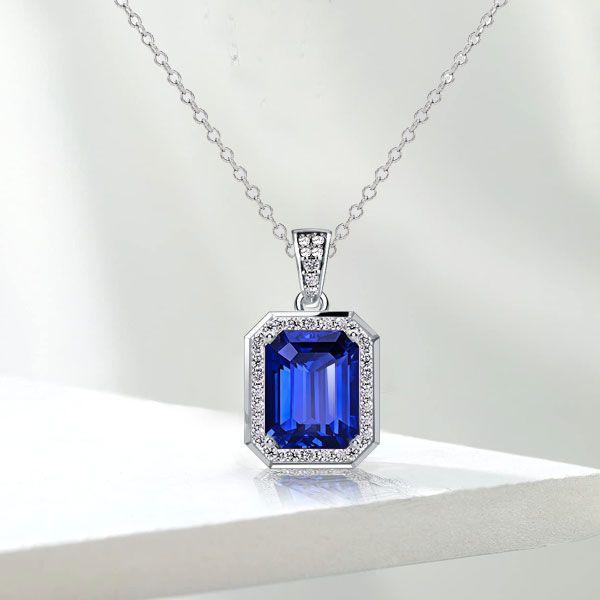 Halo Blue Emerald Pendant Necklace - 925 Sterling Silver, 3.00 CT Gem
