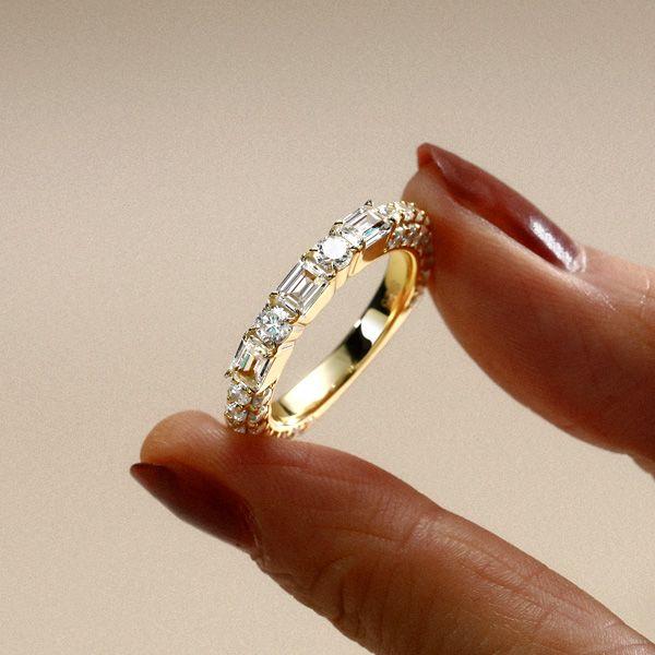 2.05 CT. TW. Emerald & Round Cut White Sapphire Band Ring in 18K Gold Plated Sterling Silver