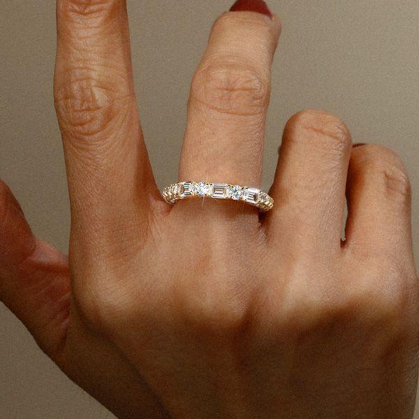 2.05 CT. TW. Emerald & Round Cut White Sapphire Band Ring in 18K Gold Plated Sterling Silver