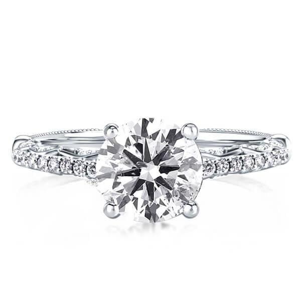 Sterling Silver Engagement Ring with Milgrain Leaf Joint Design and Thin Band