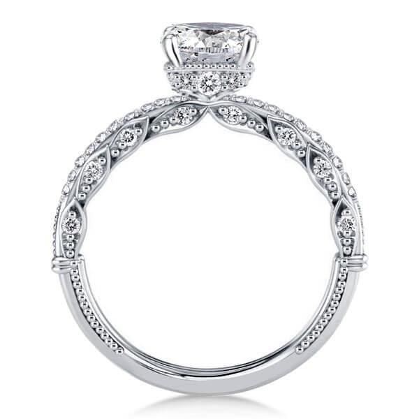 Sterling Silver Engagement Ring with Milgrain Leaf Joint Design and Thin Band