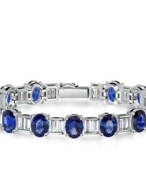 Sterling Silver Blue Oval & Baguette Cut CZ Tennis Bracelet for Women