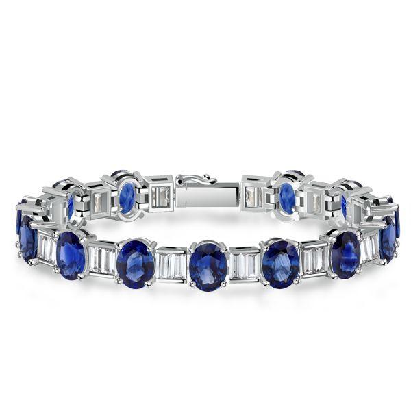 Sterling Silver Blue Oval & Baguette Cut CZ Tennis Bracelet for Women