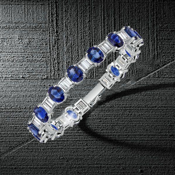 Sterling Silver Blue Oval & Baguette Cut CZ Tennis Bracelet for Women