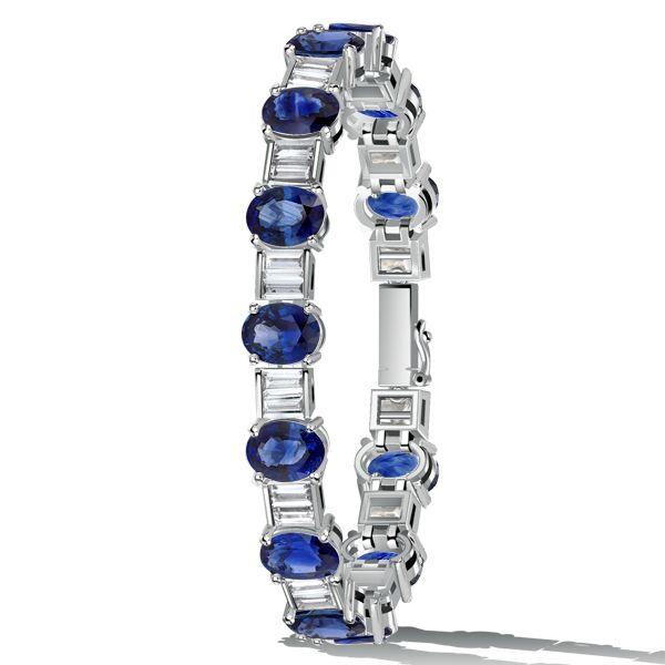 Sterling Silver Blue Oval & Baguette Cut CZ Tennis Bracelet for Women