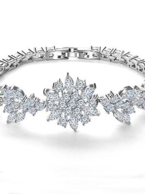 White Sapphire Flower Bracelet - Sterling Silver Floral Design