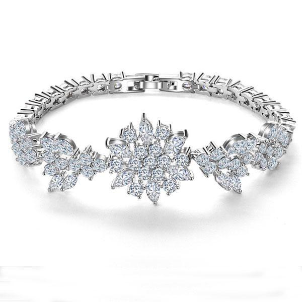 White Sapphire Flower Bracelet - Sterling Silver Floral Design