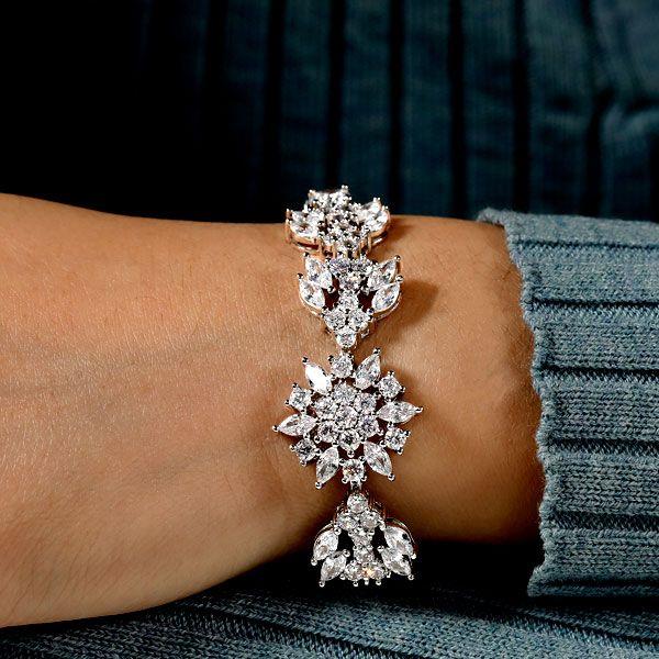 White Sapphire Flower Bracelet - Sterling Silver Floral Design