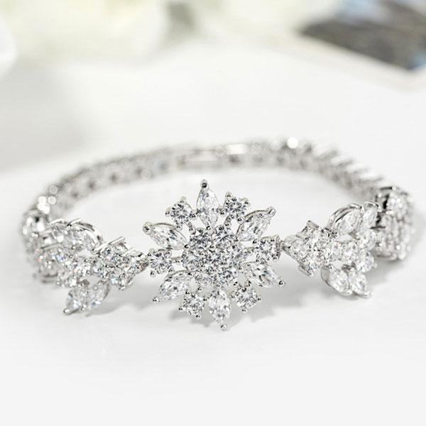 White Sapphire Flower Bracelet - Sterling Silver Floral Design
