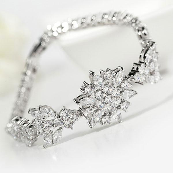 White Sapphire Flower Bracelet - Sterling Silver Floral Design