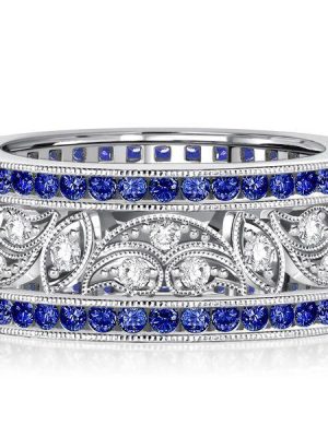 Art Deco Blue Sapphire Wedding Band - 925 Sterling Silver Anniversary Ring