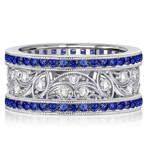 Art Deco Blue Sapphire Wedding Band - 925 Sterling Silver Anniversary Ring