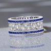 Art Deco Blue Sapphire Wedding Band - 925 Sterling Silver Anniversary Ring
