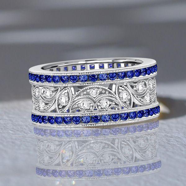 Art Deco Blue Sapphire Wedding Band - 925 Sterling Silver Anniversary Ring