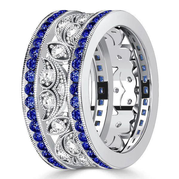 Art Deco Blue Sapphire Wedding Band - 925 Sterling Silver Anniversary Ring