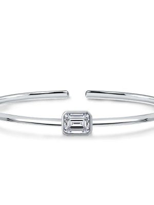 Emerald Cut White Sapphire Solitaire Bangle Bracelet in Sterling Silver