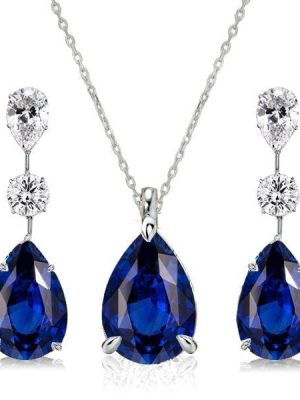 Blue Sapphire Pear Shaped Necklace and Earrings Jewelry Set in Rhodium Plated Sterling Silver