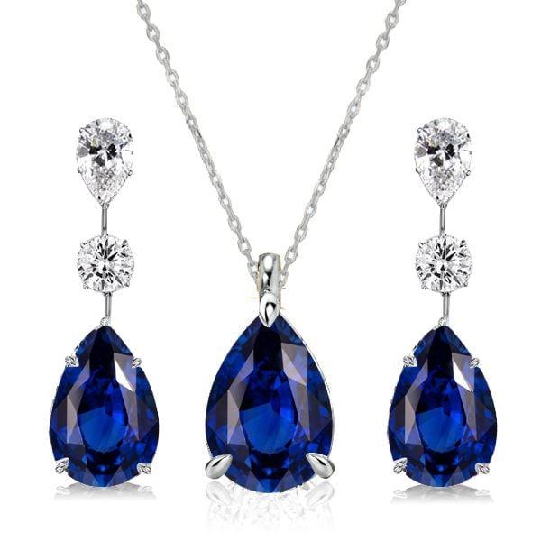 Blue Sapphire Pear Shaped Necklace and Earrings Jewelry Set in Rhodium Plated Sterling Silver