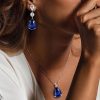 Blue Sapphire Pear Shaped Necklace and Earrings Jewelry Set in Rhodium Plated Sterling Silver