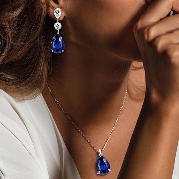 Blue Sapphire Pear Shaped Necklace and Earrings Jewelry Set in Rhodium Plated Sterling Silver