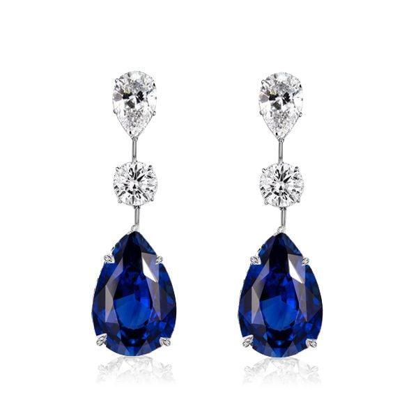 Blue Sapphire Pear Shaped Necklace and Earrings Jewelry Set in Rhodium Plated Sterling Silver