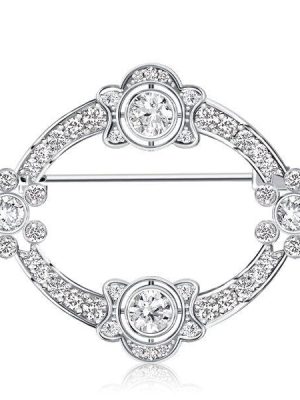 Art Deco Sterling Silver Brooch with Round Cut Oval Stones