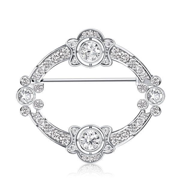 Art Deco Sterling Silver Brooch with Round Cut Oval Stones