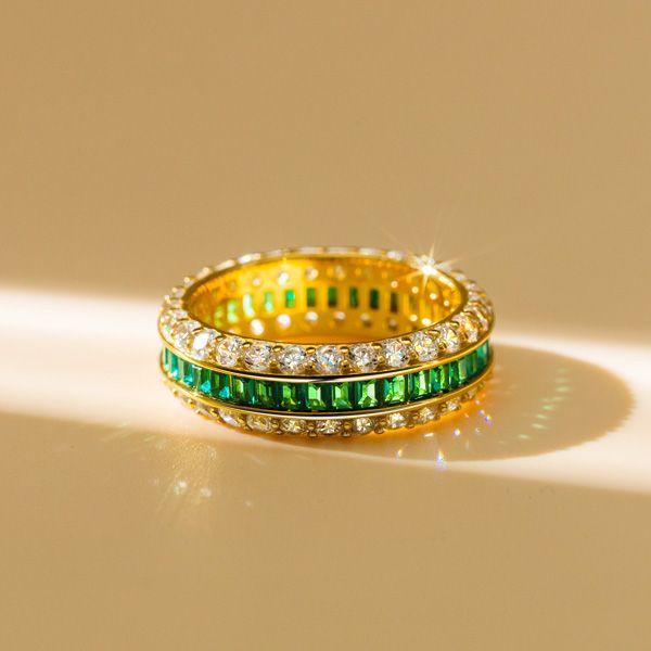 Triple Row Created White and Green Eternity Wedding Band in 18K Gold Plated Sterling Silver