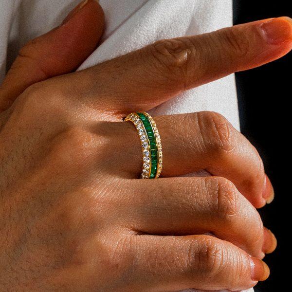 Triple Row Created White and Green Eternity Wedding Band in 18K Gold Plated Sterling Silver