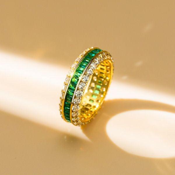 Triple Row Created White and Green Eternity Wedding Band in 18K Gold Plated Sterling Silver
