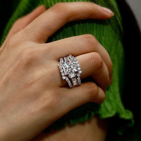 Three Stone Created White Sapphire Wedding Ring Set - 925 Sterling Silver