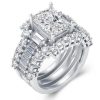 Three Stone Created White Sapphire Wedding Ring Set - 925 Sterling Silver