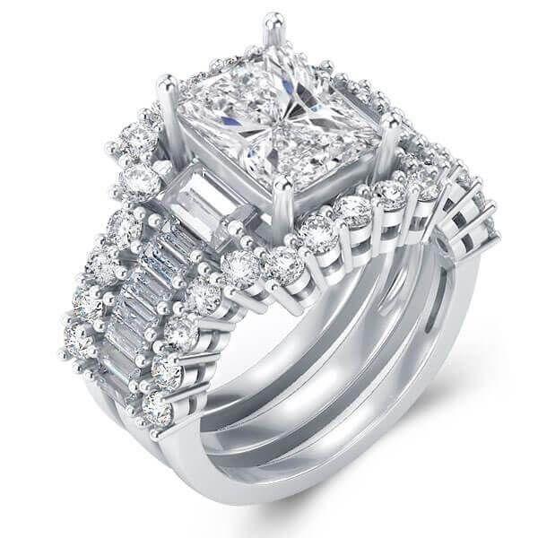 Three Stone Created White Sapphire Wedding Ring Set - 925 Sterling Silver