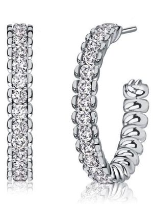 White Sapphire Hoop Earrings - Sterling Silver, Round Cut, 0.96 CTW