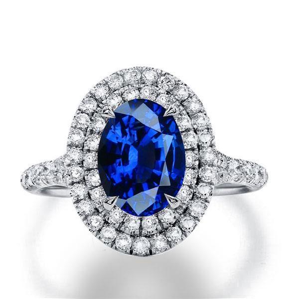 Blue Sapphire Halo Engagement Ring - 925 Sterling Silver