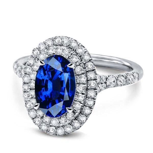 Blue Sapphire Halo Engagement Ring - 925 Sterling Silver
