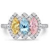 Halo Marquise Cut Three Stone Engagement Ring - Sterling Silver