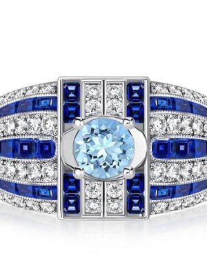 Aquamarine Cocktail Ring - Sterling Silver Art Deco Style