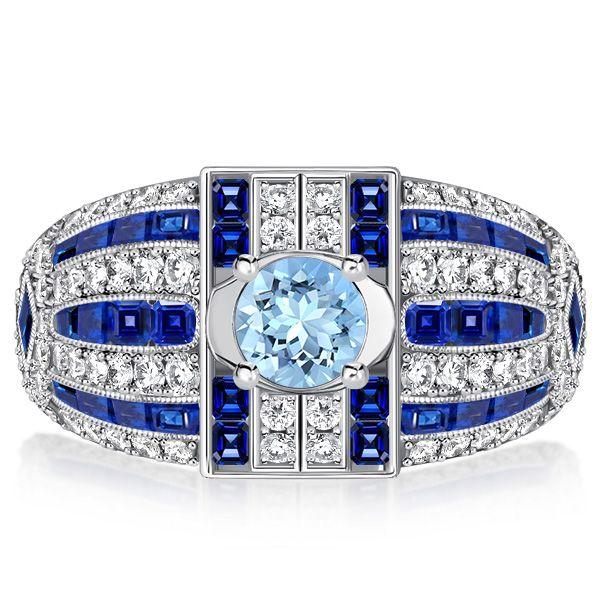 Aquamarine Cocktail Ring - Sterling Silver Art Deco Style