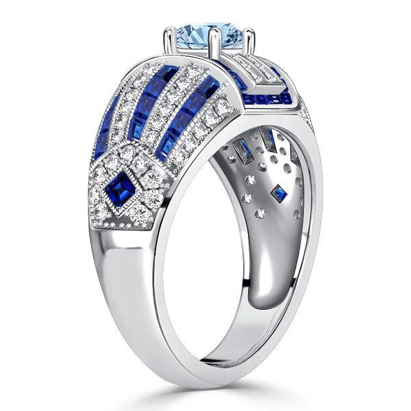 Aquamarine Cocktail Ring - Sterling Silver Art Deco Style