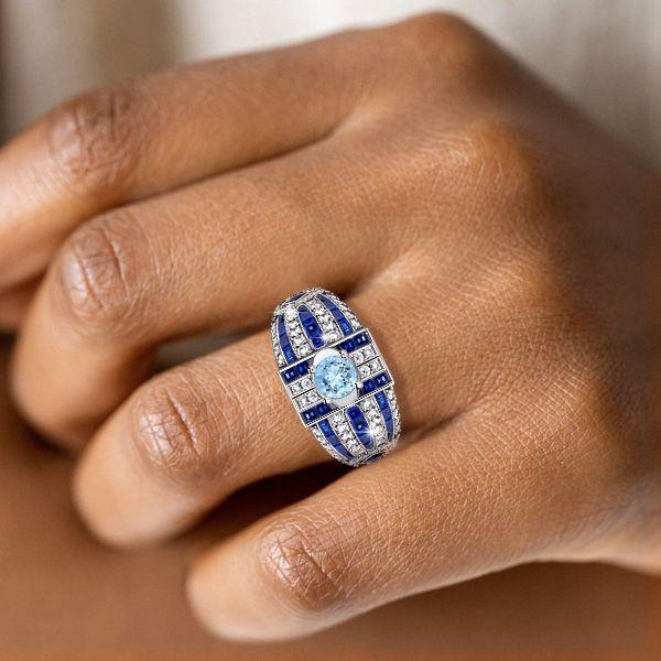 Aquamarine Cocktail Ring - Sterling Silver Art Deco Style