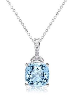 Aquamarine Pendant Necklace - Cushion & Round Cut - Sterling Silver