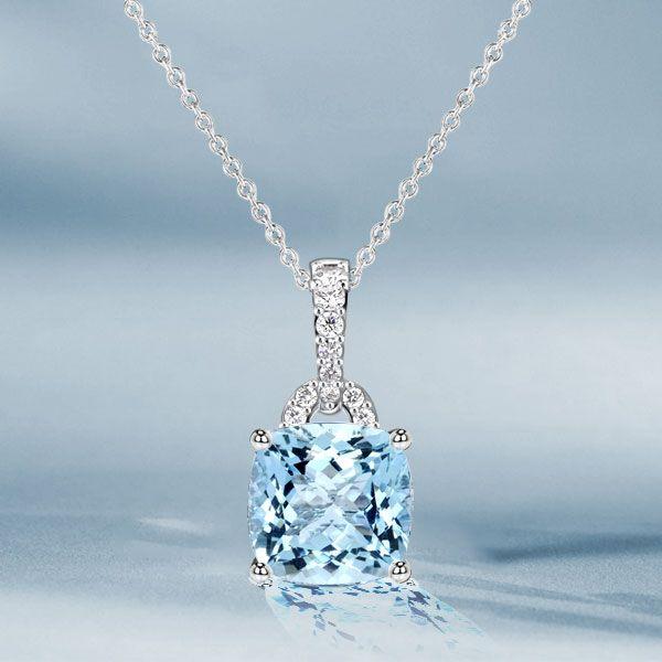 Aquamarine Pendant Necklace - Cushion & Round Cut - Sterling Silver