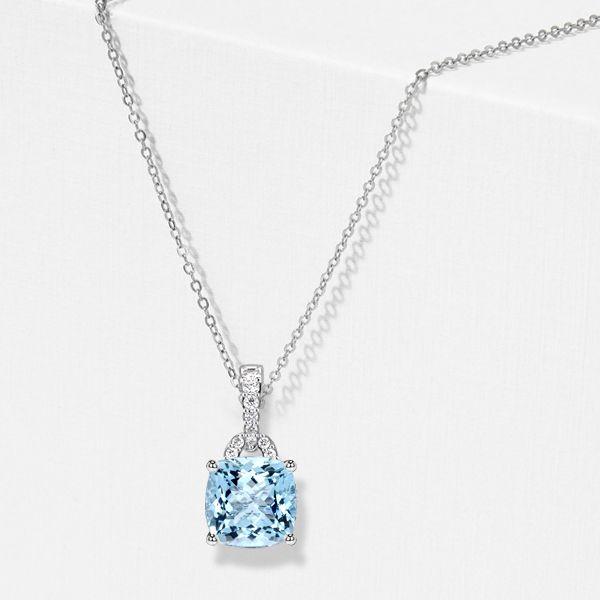 Aquamarine Pendant Necklace - Cushion & Round Cut - Sterling Silver