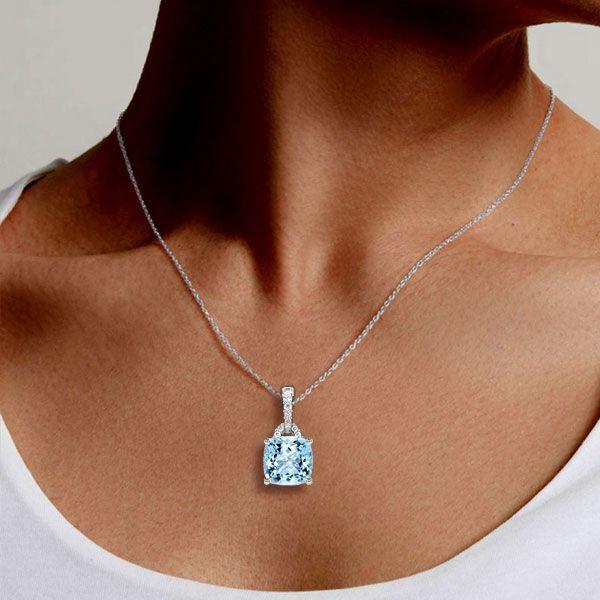 Aquamarine Pendant Necklace - Cushion & Round Cut - Sterling Silver