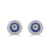 Antique Blue Sapphire Halo Stud Earrings - 925 Sterling Silver Vintage Style