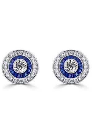 Antique Blue Sapphire Halo Stud Earrings - 925 Sterling Silver Vintage Style