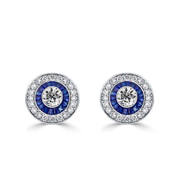 Antique Blue Sapphire Halo Stud Earrings - 925 Sterling Silver Vintage Style