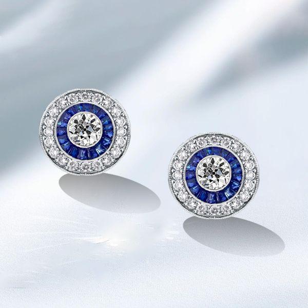 Antique Blue Sapphire Halo Stud Earrings - 925 Sterling Silver Vintage Style